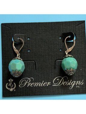 Premier Designs Drop Earrings W/ Light Blue beads W/silver-toned filigree caps